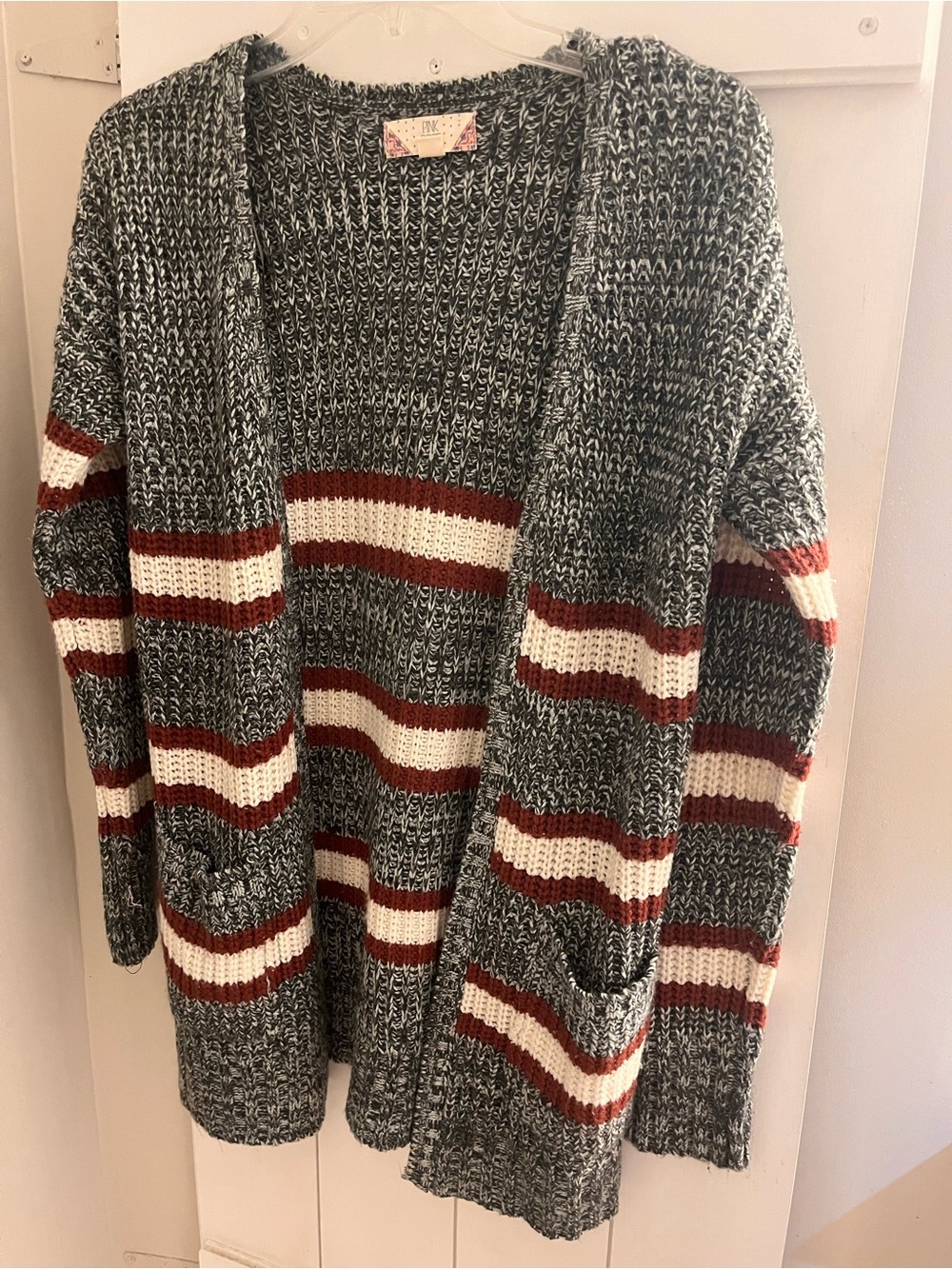 Pink Rose Open-Front Striped Cardigan Sweater - Gray, Cream & Burgundy